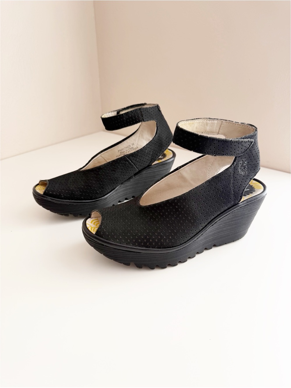 FLY LONDON Yala Perf black leather wedges peep toe size 8